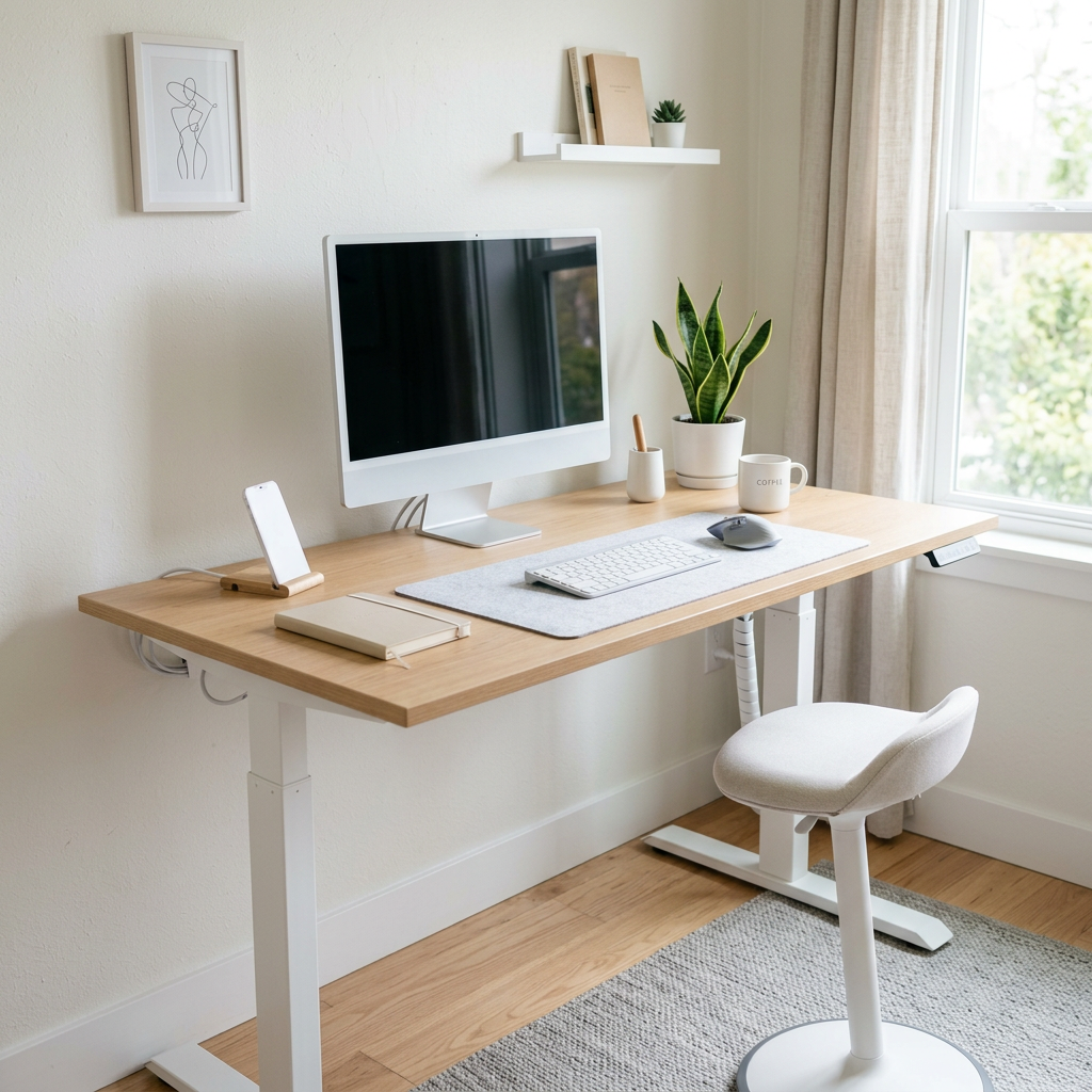Ergonomic adjustable desk with computer, keyboard, mouse, plant, and window light